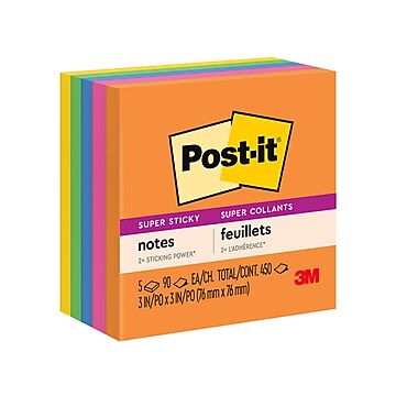 Post-it® Super Sticky Notes, 3" x 3", Energy Boost Collection, 90 Sheets/Pad, 5 Pads/Pack (654-5SSUC)