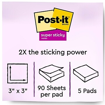 Post-it® Super Sticky Notes, 3" x 3", Energy Boost Collection, 90 Sheets/Pad, 5 Pads/Pack (654-5SSUC)