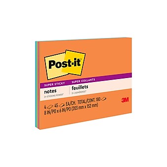 Post-it Super Sticky Meeting Notes, 8" x 6", Energy Boost Collection, 4 Pads/Pack, 45 Sheets/Pad (6845-SSP)