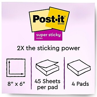 Post-it Super Sticky Meeting Notes, 8" x 6", Energy Boost Collection, 4 Pads/Pack, 45 Sheets/Pad (6845-SSP)