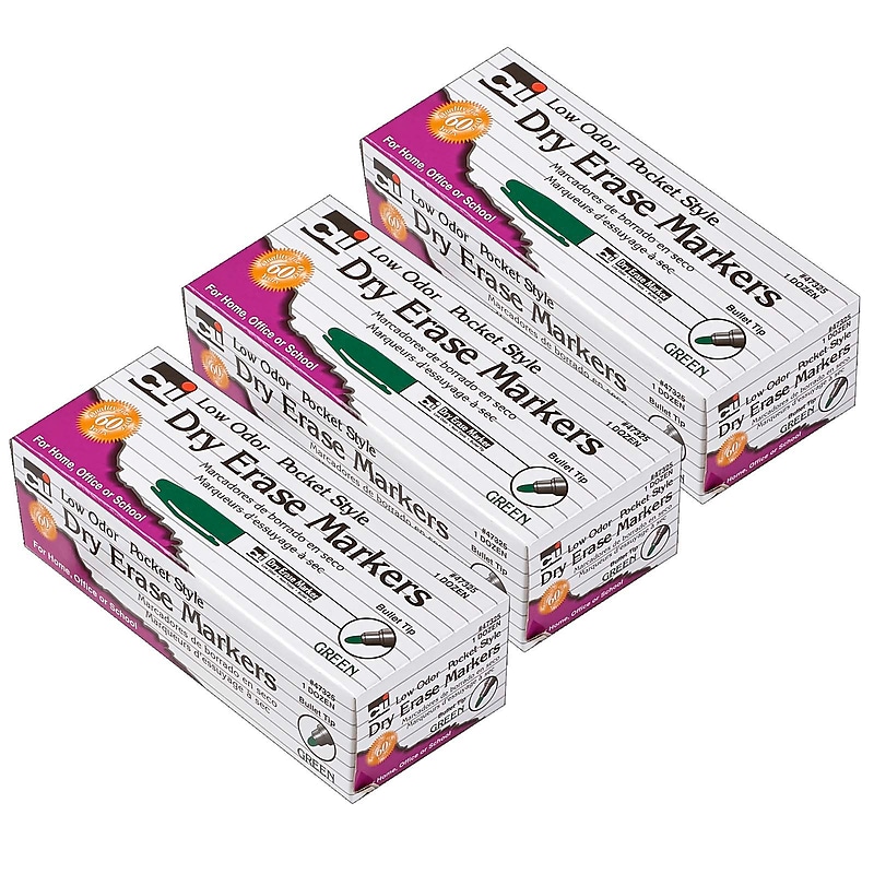 CLI Dry Erase Markers, Bullet Tip, Green, 12/Pack, 3 Packs (CHL47325-3) image 1