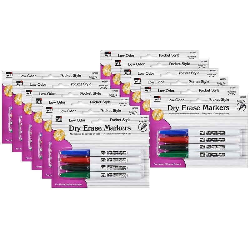CLI Pocket Style Dry Erase Markers, Bullet Tip, Assorted Colors, 4/Pack, 12 Packs (CHL47804-12) image 1