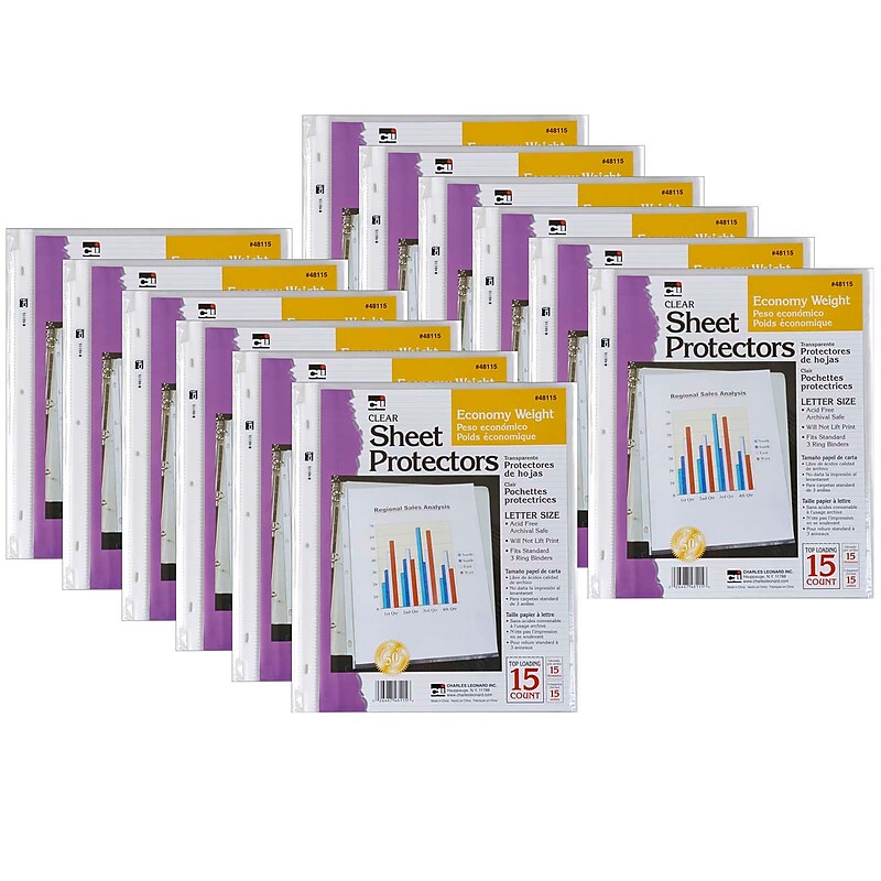 Charles Leonard Economy Weight Sheet Protector, 8.5" x 11", Clear, 15 Per Pack, 12 Packs (CHL48115-12) image 1