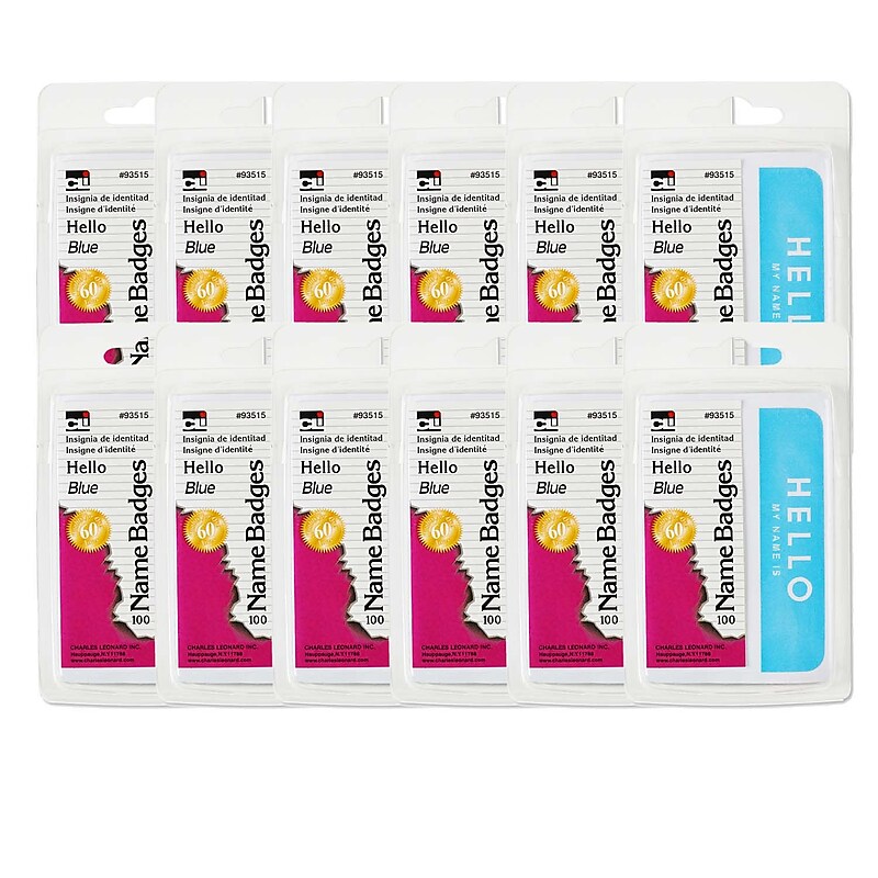 Charles Leonard Self-Adhesive Blue Hello Name Badges, 3.375" x 2.25", 100 Per Pack, 12 Packs (CHL93515-12) image 1
