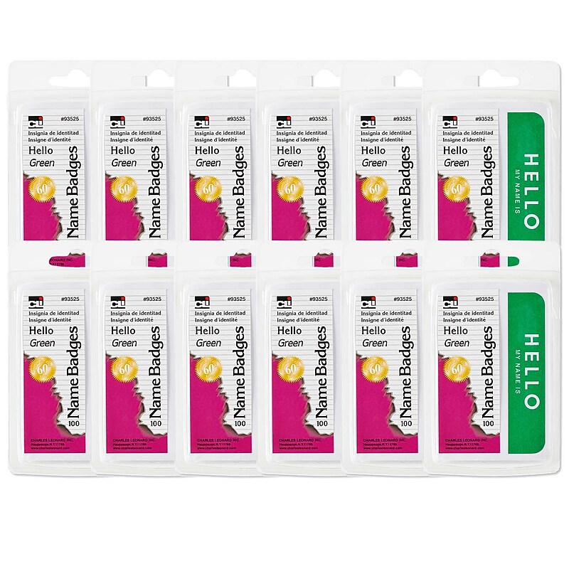 CLI Self-Adhesive Green Hello Name Badges, 3.375" x 2.25", 100/Pack, 12 Packs (CHL93525-12) image 1