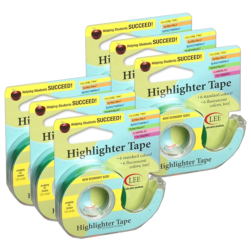 Lee Products Removable Highlighter Tape, 1/2" x 20 Yards, Fluorescent Green, Pack of 6 (LEE19976-6) image 1