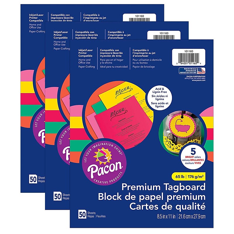 Pacon Premium Tagboard, 8.5" x 11", 5 Bright Assorted Colors, 50 Sheets/Pack, 3/Packs (PAC101160-3) image 1