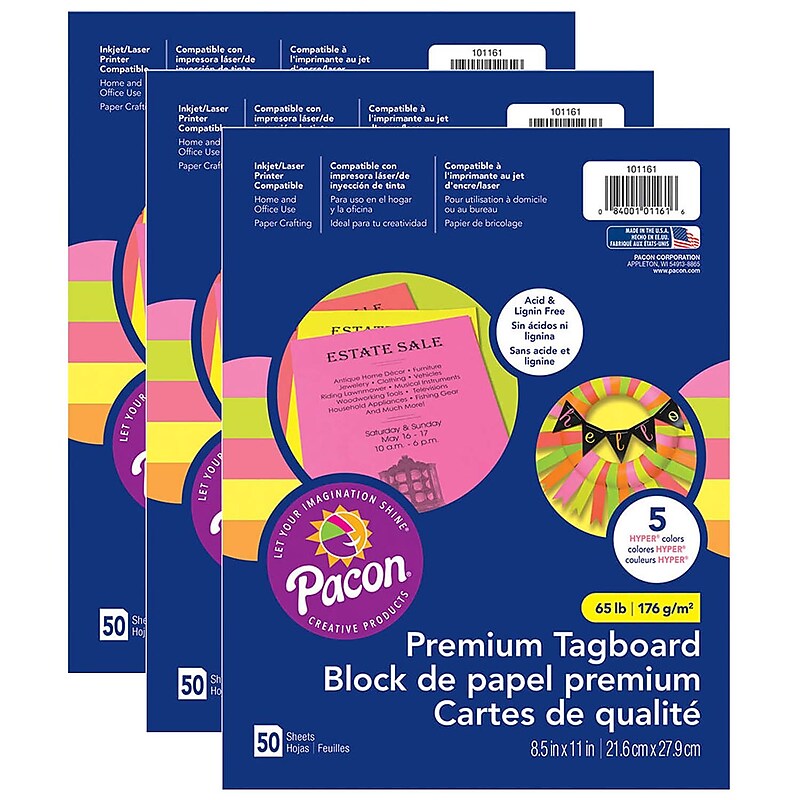 Pacon Premium Tagboard, 8.5" x 11", 5 Hyper Assorted Colors, 50 Sheets/Pack, 3/Packs (PAC101161-3) image 1