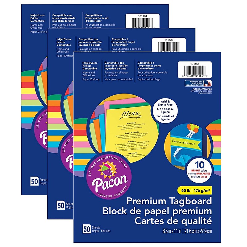 Pacon Premium Tagboard, 8.5" x 11", 10 Bright Assorted Colors, 50 Sheets/Pack, 3/Packs (PAC101164-3) image 1