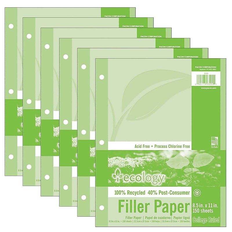 Ecology College Ruled Filler Paper, 8.5" x 11", 3-Hole Punched, 150 Sheets/Pack, 6/Bundle (PAC3202-6) image 1