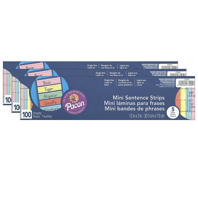 Pacon® Mini Sentence Strips, 5 Assorted Colors, 1-1/2" x 3/4" Ruled, 3" x 12", 100 Per Pack, 3 Packs (PAC73560-3) image 1