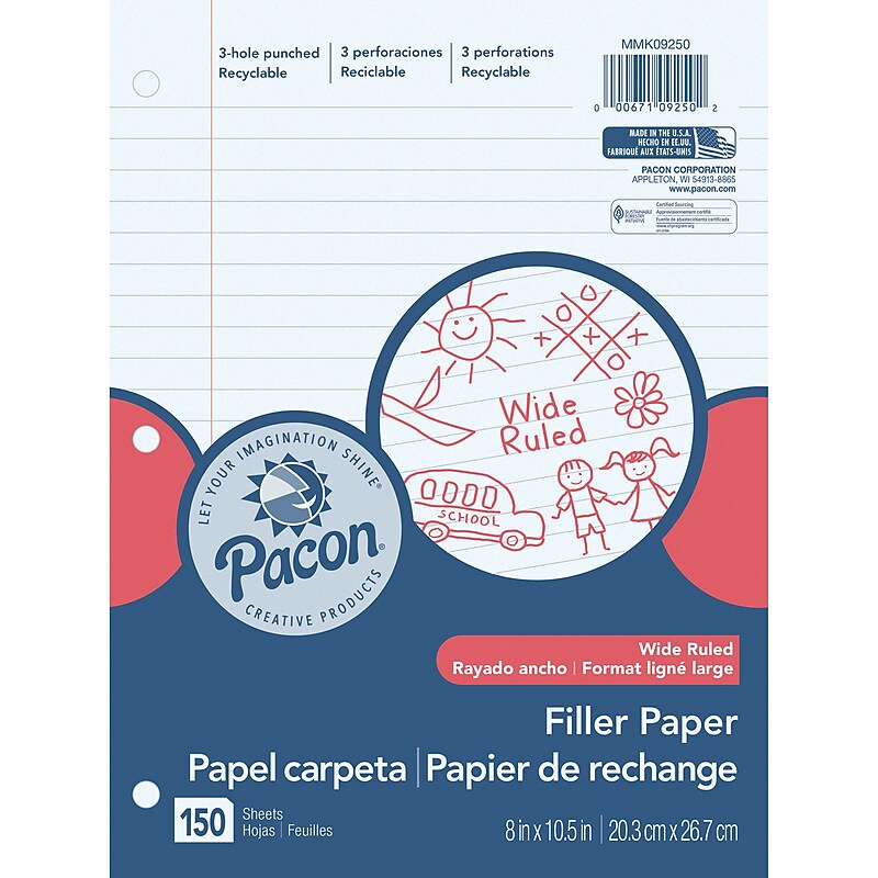 Pacon Wide Ruled Filler Paper, 8" x 10.5", 3-Hole Punched, 150 Sheets/Pack, 6 Packs/Bundle (PACMMK09250-6) image 1