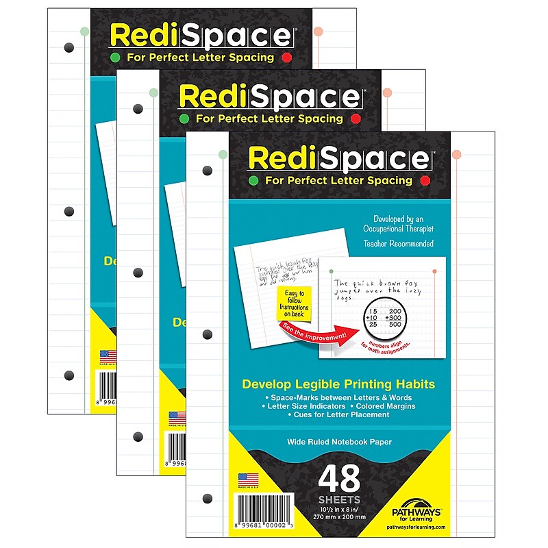 Pathways For Learning RediSpace® Wide Ruled Notebook Filler Paper, 10.5" x 8", White, 48 Sheets Per Pack, 3 Packs (RS-48FP-3) image 1