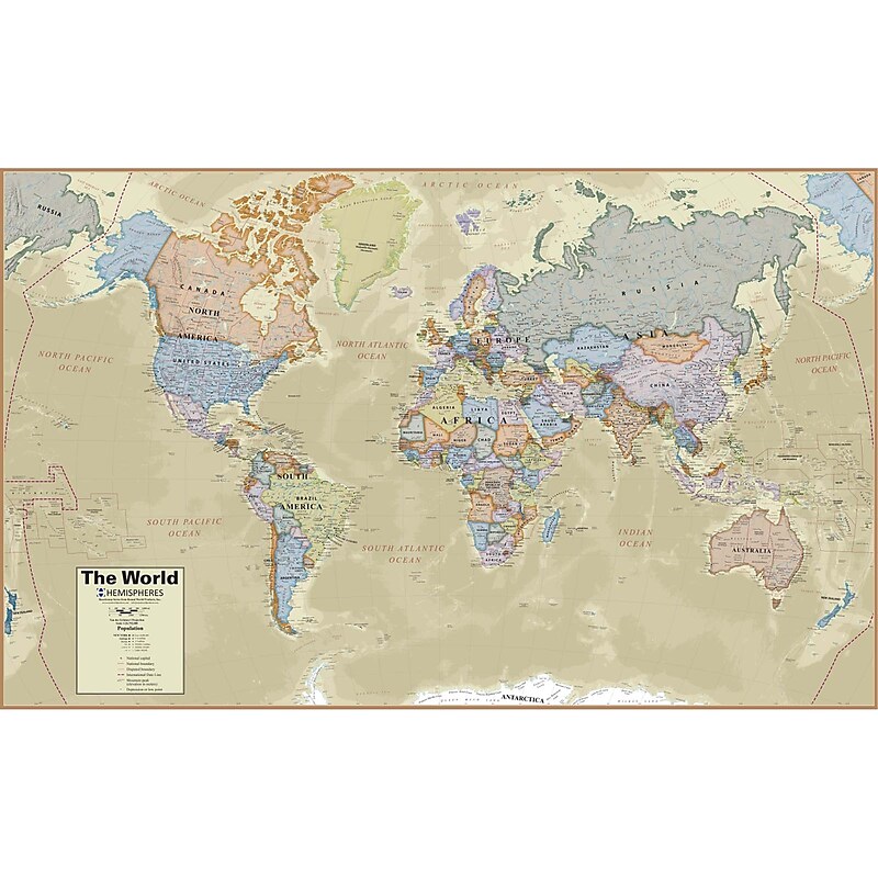 Hemispheres® Boardroom Series World Laminated Wall Map, 38" x 61" (RWPHM03) image 1