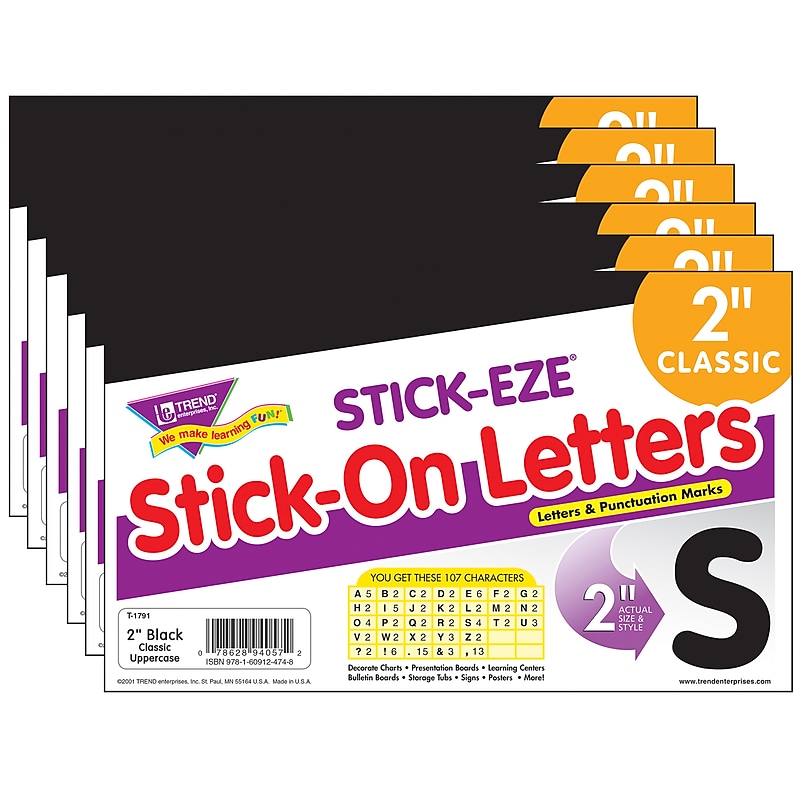 TREND STICK-EZE® 2" Stick-On Letters, Black, 107 Pieces Per Pack, 6 Packs (T-1791-6) image 1