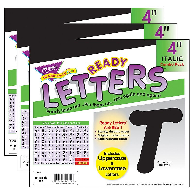 TREND Italic Uppercase/Lowercase Combo Pack (EN/SP) Ready Letters, Black, 193/Pack, 3 Packs (T-2703-3) image 1