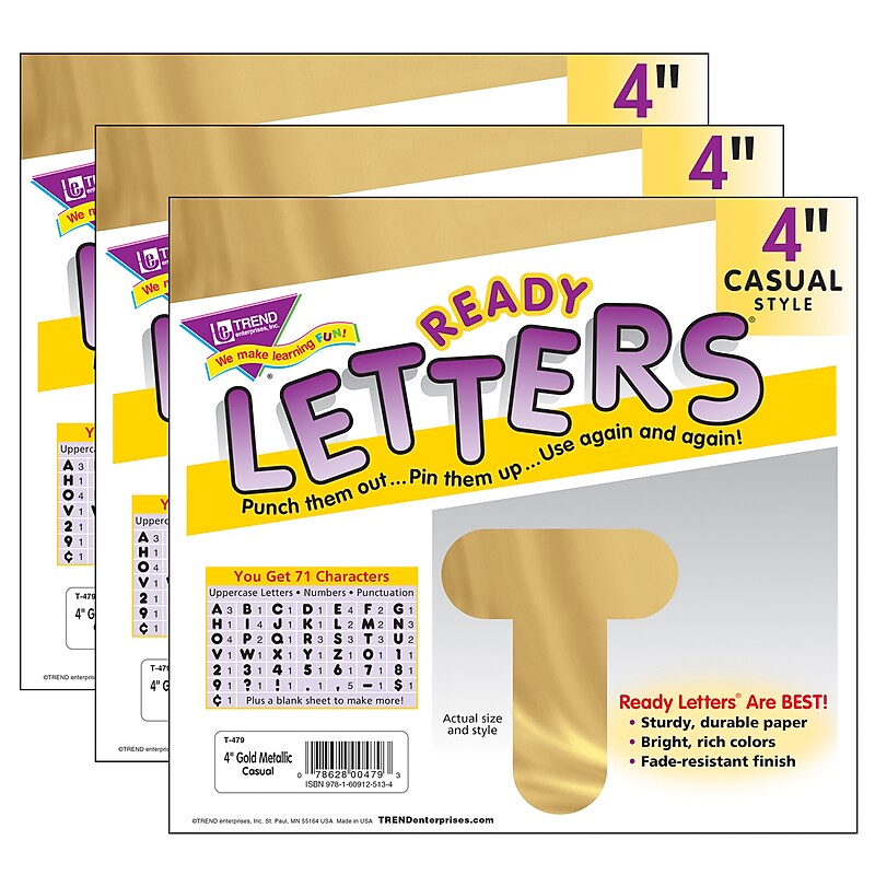 TREND 4" Casual Uppercase Ready Letters, Gold, 71/Pack, 3 Packs (T-479-3) image 1