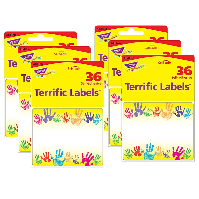 TREND Rainbow Handprints Terrific Labels, 2.5" x 3", 36 Per Pack, 6 Packs (T-68005-6) image 1