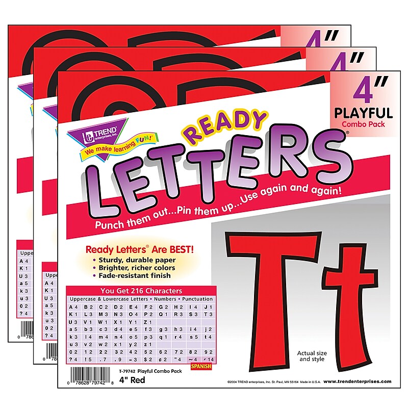 TREND 4" Playful Uppercase/Lowercase Combo Pack (EN/SP) Ready Letters®, Red, 216 Per Pack, 3 Packs (T-79742-3) image 1