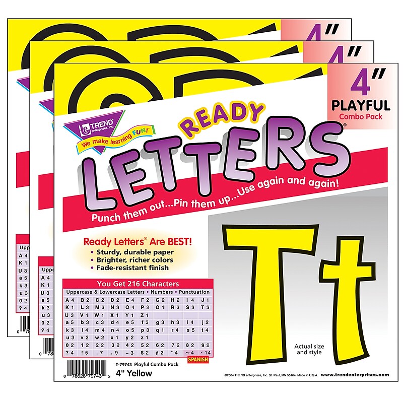 TREND 4" Playful Uppercase/Lowercase Combo Pack (EN/SP) Ready Letters, Yellow, 216/Pack, 3 Packs (T-79743-3) image 1