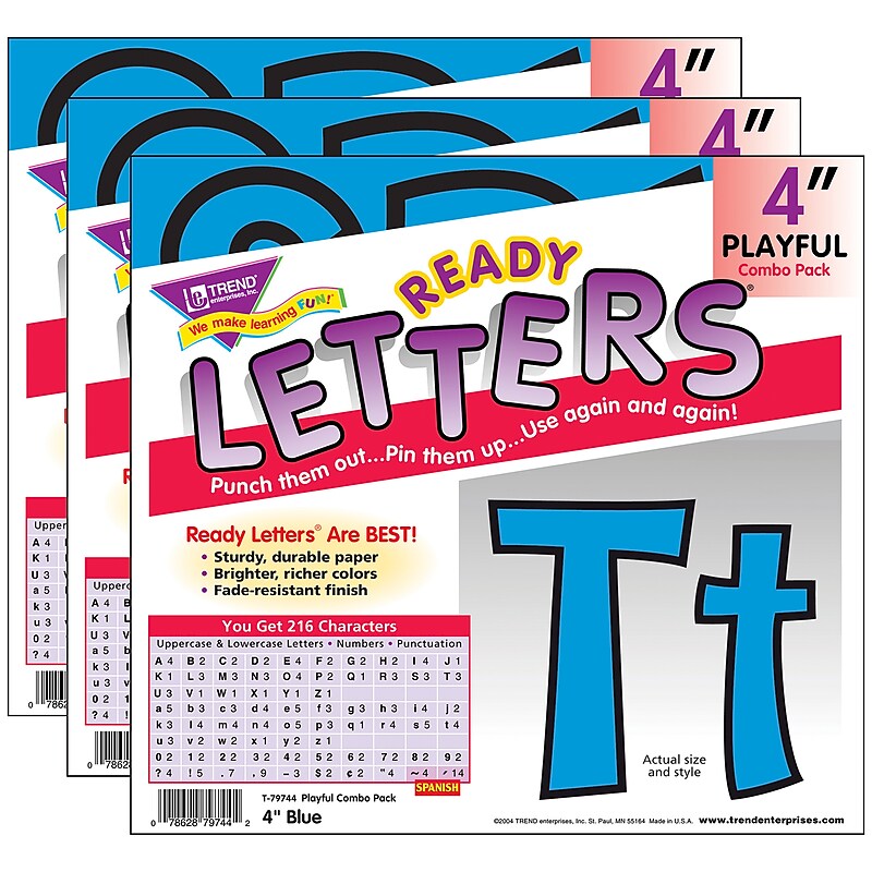 TREND 4" Playful Uppercase/Lowercase Combo Pack (EN/SP) Ready Letters®, Blue, 216 Per Pack, 3 Packs (T-79744-3) image 1