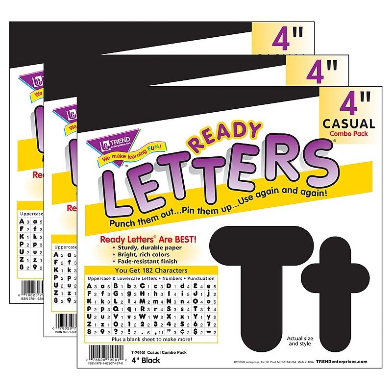 TREND 4" Uppercase/Lowercase Combo Pack Ready Letters, Black, 182/Pack, 3 Packs (T-79901-3) image 1