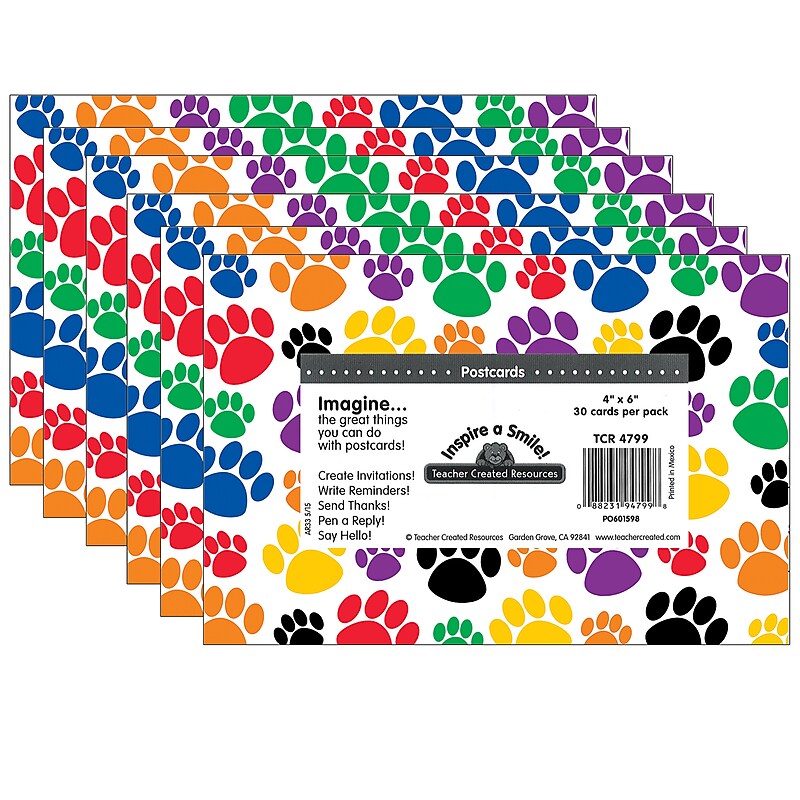 Teacher Created Resources Colorful Paw Prints Postcards, 30 Per Pack, 6 Packs (TCR4799-6) image 1