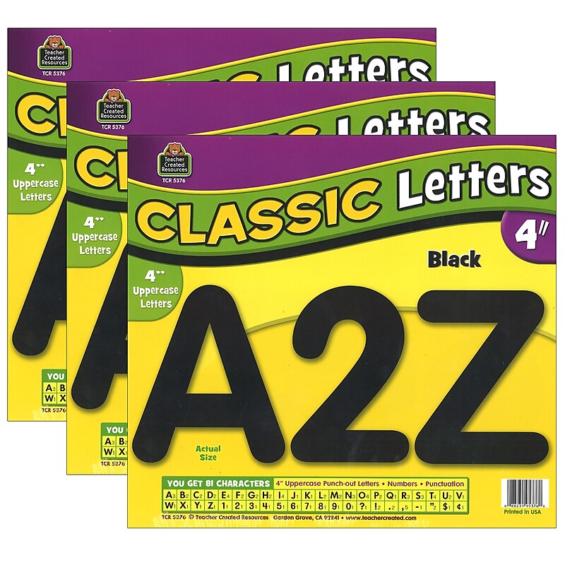 Teacher Created Resources 4" Classic Font Uppercase Letters, Black, 81 Pieces/Pack, 3 Packs (TCR5376-3) image 1