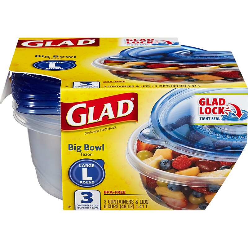 Glad Big Bowl 48 Oz. Plastic Container with Lid, Round, Clear/Blue, 3/Box (BBG10691) image 1