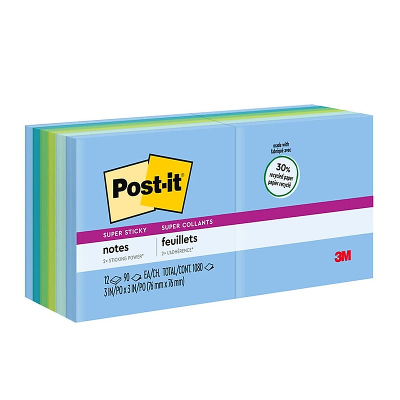 Post-it Recycled Super Sticky Notes, 3" x 3", Oasis Collection, 90 Sheet/Pad, 12 Pads/Pack (65412SST) image 1