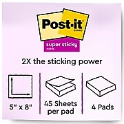 Post-it® Super Sticky Notes, 5" x 8", Playful Primaries Collection, Lined, 45 Sheets/Pad, 4 Pads/Pack (5845-SSAN)