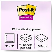 Post-it® Recycled Super Sticky Notes, 3" x 3", Wanderlust Pastels Collection, 90 Sheets/Pad, 5 Pads/Pack (654-5SSNRP)