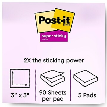 Post-it® Recycled Super Sticky Notes, 3" x 3", Wanderlust Pastels Collection, 90 Sheets/Pad, 5 Pads/Pack (654-5SSNRP)