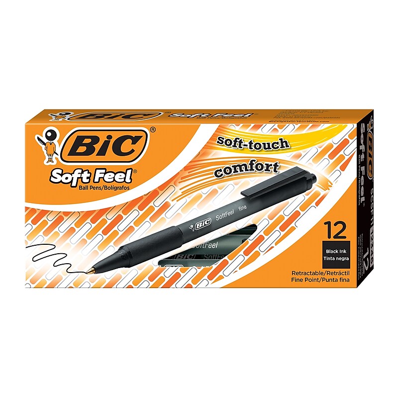 BIC Soft Feel Retractable Ballpoint Pens, Fine Point, 0.8mm, Black Ink, Dozen (12346/SCSF11BK) image 1