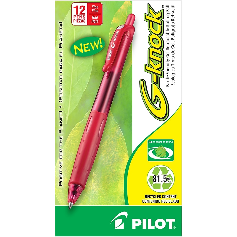 Pilot G-Knock BeGreen Retractable Gel Pens, Fine Point, Red Ink, Dozen (31508) image 1