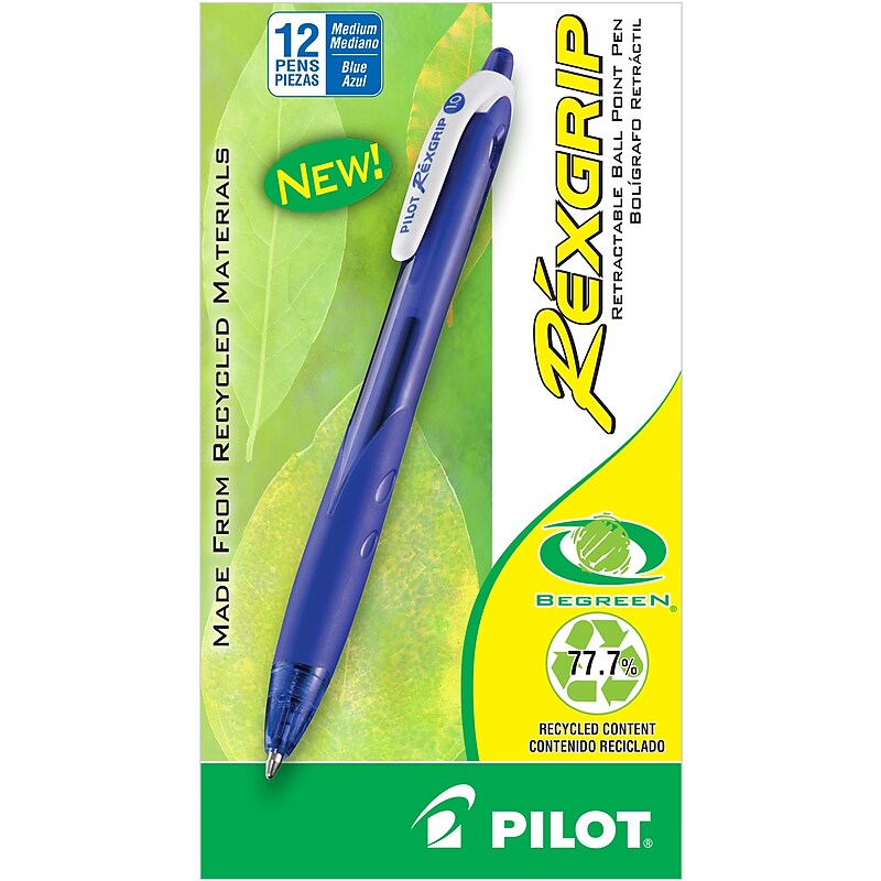 Pilot RexGrip BeGreen Retractable Ballpoint Pens, Medium Point, Blue Ink, Dozen (32371) image 1