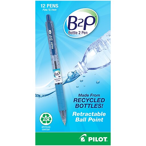 Pilot B2P Bottle 2 Pen Retractable Ballpoint Pens, Fine Point, Blue Ink, Dozen (34601) Staples