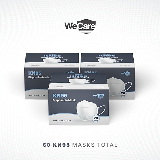 WeCare KN95 Disposable Face Mask, Adult, White, 20 Masks/Box, 3 Boxes/Pack (TBN202718)