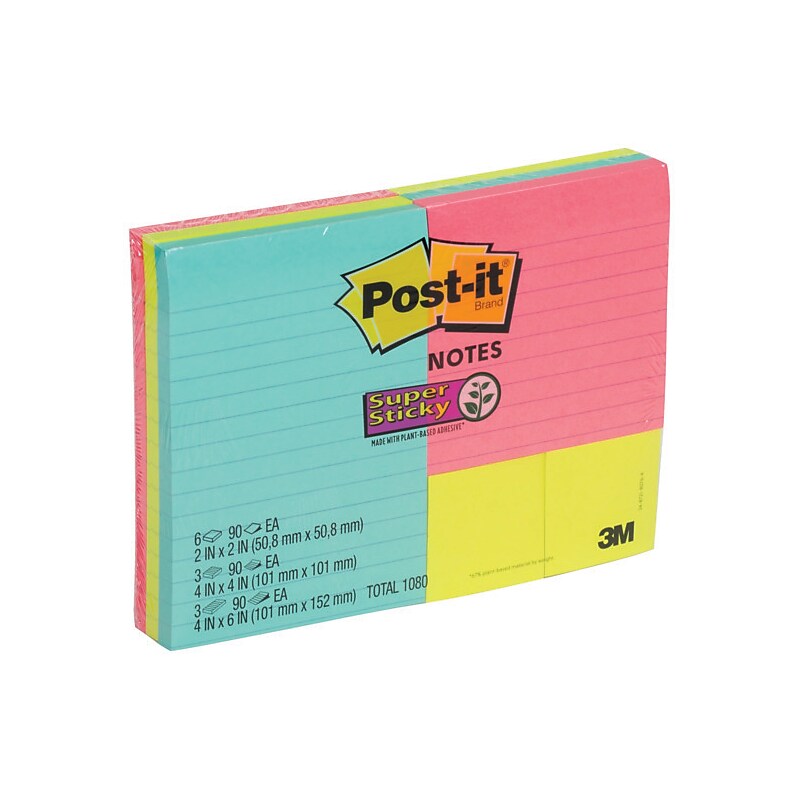 Post-it Super Sticky Notes Combo Pack, Assorted Sizes, Miami Collection, 90 Sheets/Pad, 12 Pads/Pack (4642-12SSMIA) image 1