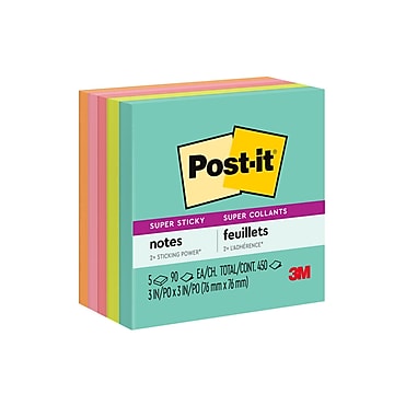 Post-it® Super Sticky Notes, 3" x 3", Supernova Neons, 90 Sheets/Pad, 5 Pads/Pack (654-5SSMIA)