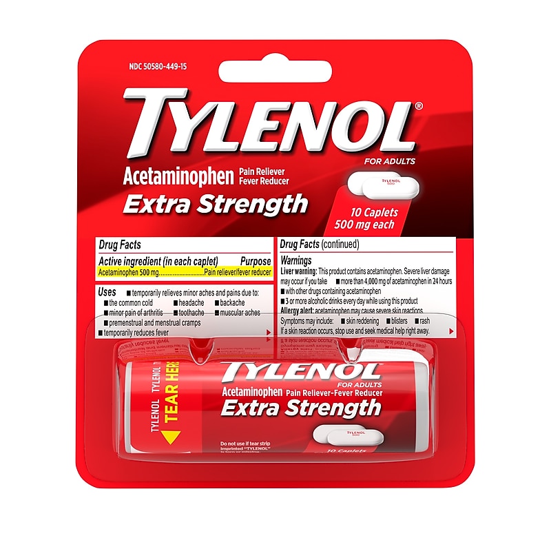 Tylenol Extra Strength Caplets, Fever Reducer and Pain Reliever, 500 mg, 10 Count (703662) image 1