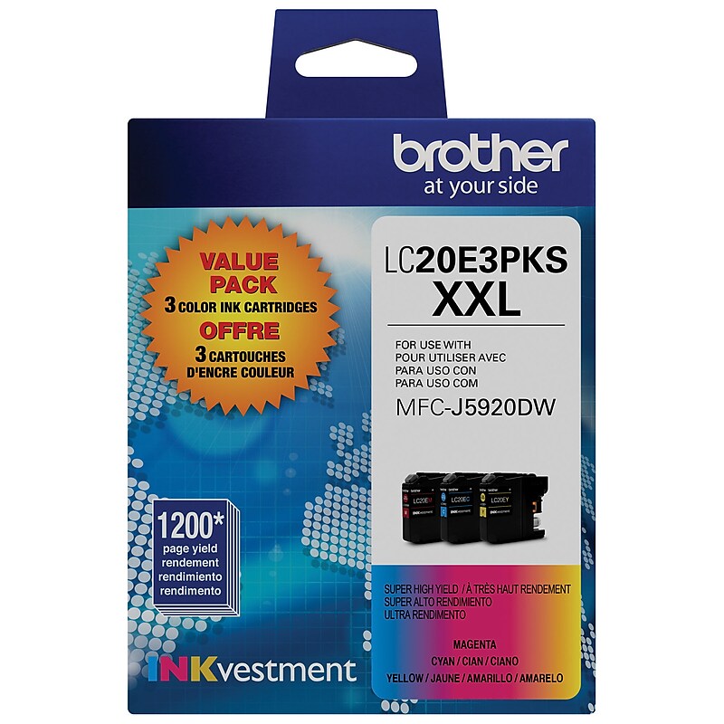 Brother LC20E3PKS Cyan/Magenta/Yellow Extra High Yield Ink Cartridge, 3/Pack (LC20E3PKS) image 1