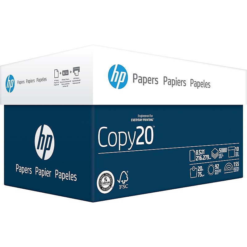 HP Copy20 8.5" x 11" Multipurpose Paper, 20 lbs., 92 Brightness, 500 Sheets/Ream, 10 Reams/Carton (200230) image 1