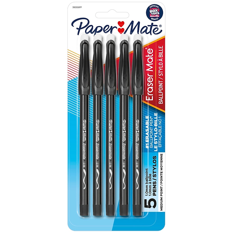 Paper Mate Eraser Mate Erasable Ballpoint Pen, Medium Point, Black Ink, 5/Pack (3163558PP) image 1