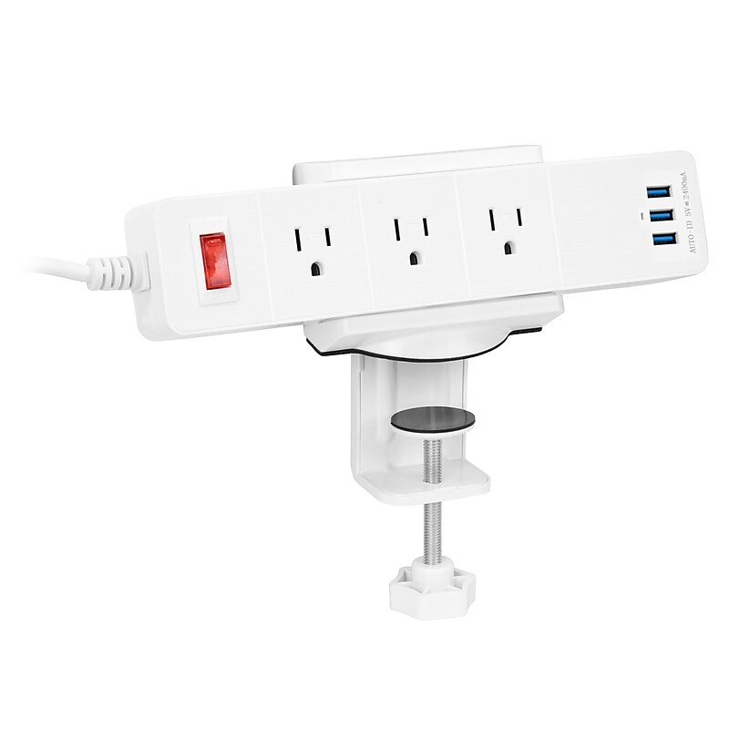 Mount-It! 3-Outlet 3-USB Port 5' Surge Protector with Clamp Desk Mount, White (MI-7281) image 1