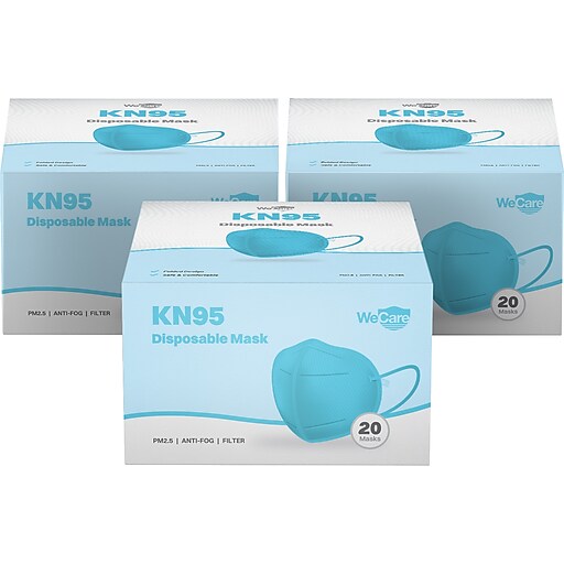 WeCare Disposable KN95 Face Mask, Adult, Blue, 20 Masks/Box, 3 Boxes