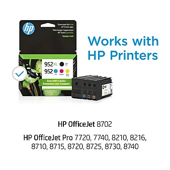 HP 952XL/952 Black High Yield and Cyan/Magenta/Yellow Standard Yield Ink Cartridge, 4/Pack (N9K28AN#140)