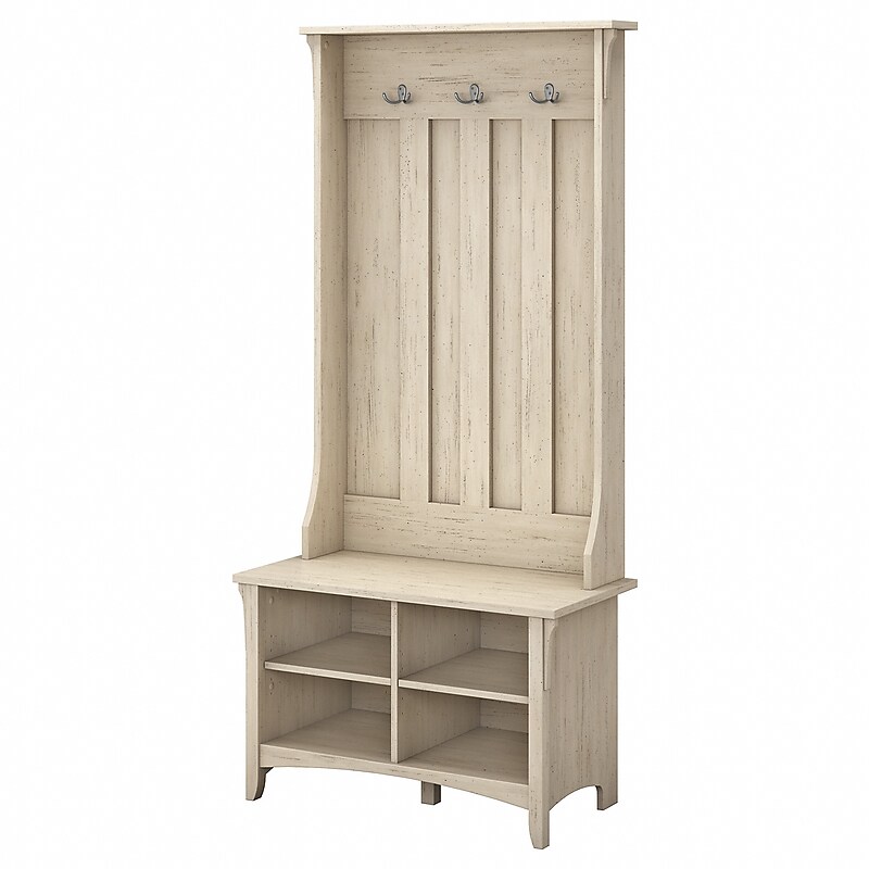 Bush Furniture Salinas Hall Tree with Storage Bench, Antique White (SAL001AW) image 1