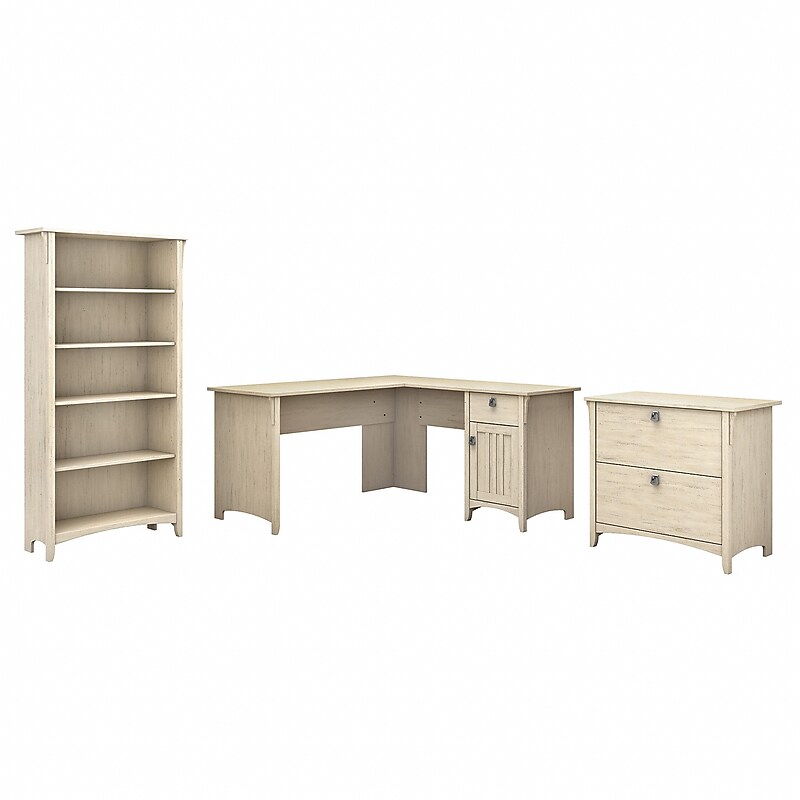 Bush Furniture Salinas 60"W L Shaped Desk with Lateral File Cabinet and 5 Shelf Bookcase, Antique White (SAL003AW) image 1