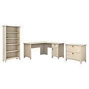 Bush Furniture Salinas 60W L Shaped Desk with Lateral File Cabinet and 5 Shelf Bookcase, Antique White (SAL003AW)